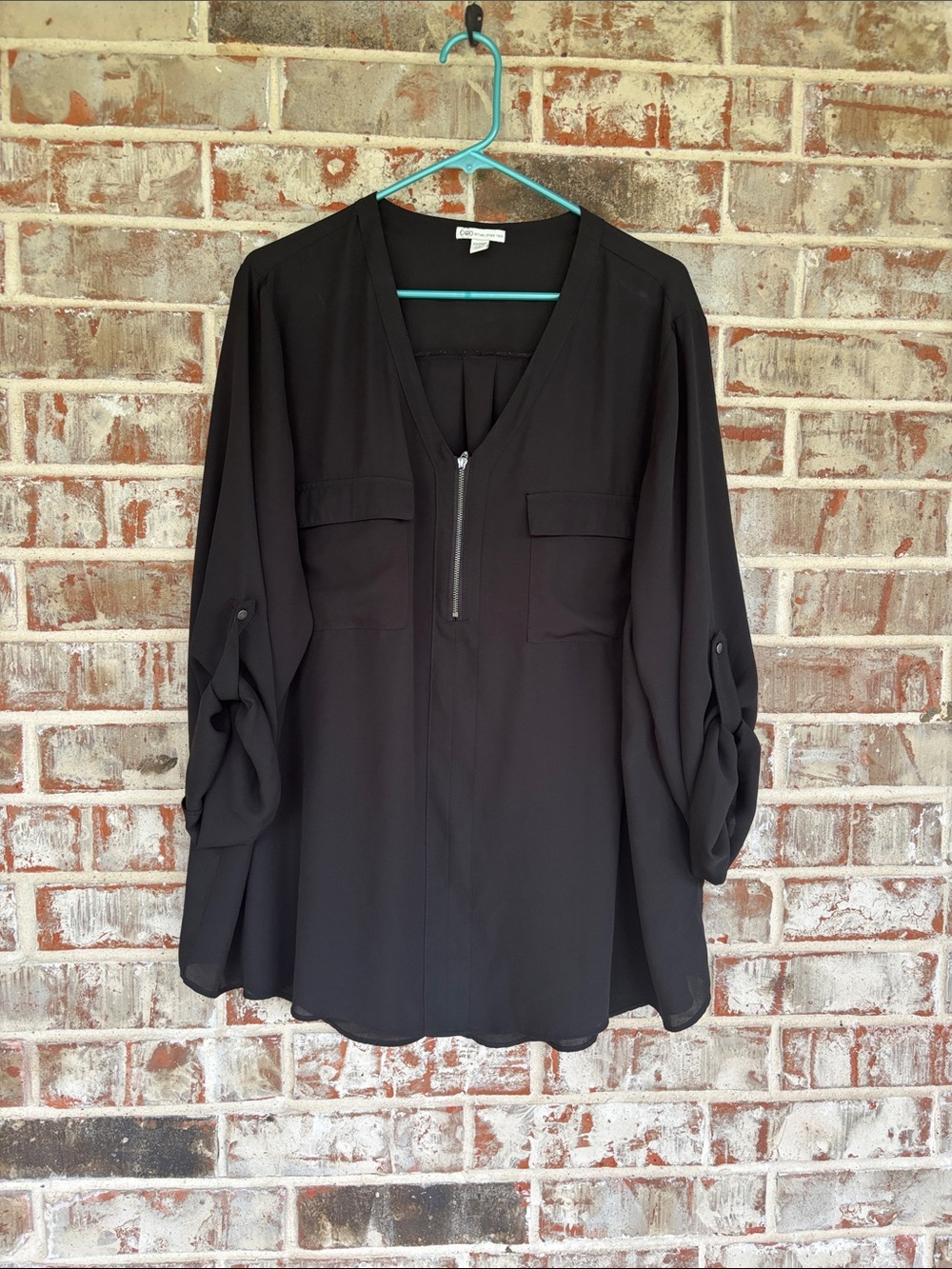 Cato Black Zip-Front V-Neck Roll-Sleeve Blouse